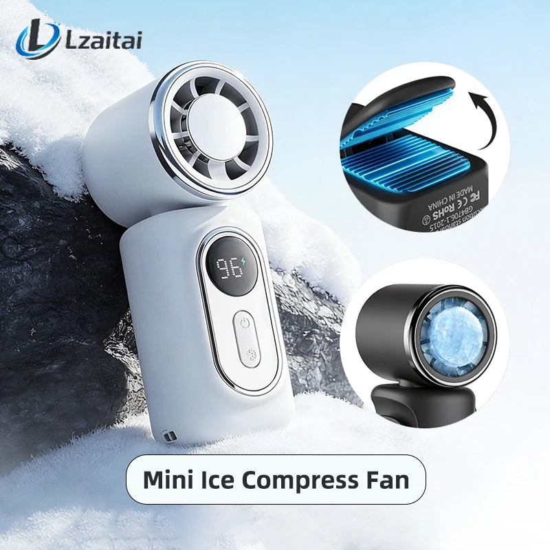 Mini Ice Compress Fan High Speed Cooling Ice Pack Fan 3000mAh 5 Speeds 180°Adjustable LED Display USB Rechargeable Portable Fans