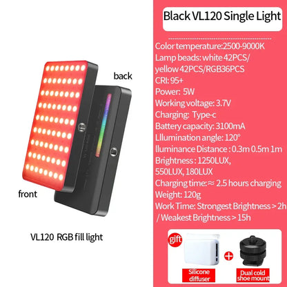 Ulanzi VL120 Full Color RGB Video Light 2500K-9000K LED Photography Lighting Dimmable Camera Light Live Videography Fill Lamp