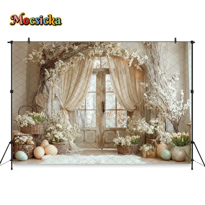 Mocsicka Spring Easter Background Photography White Retro Door Colorful Egg Floral Backdrop Maternity Newborn Photozone Studio