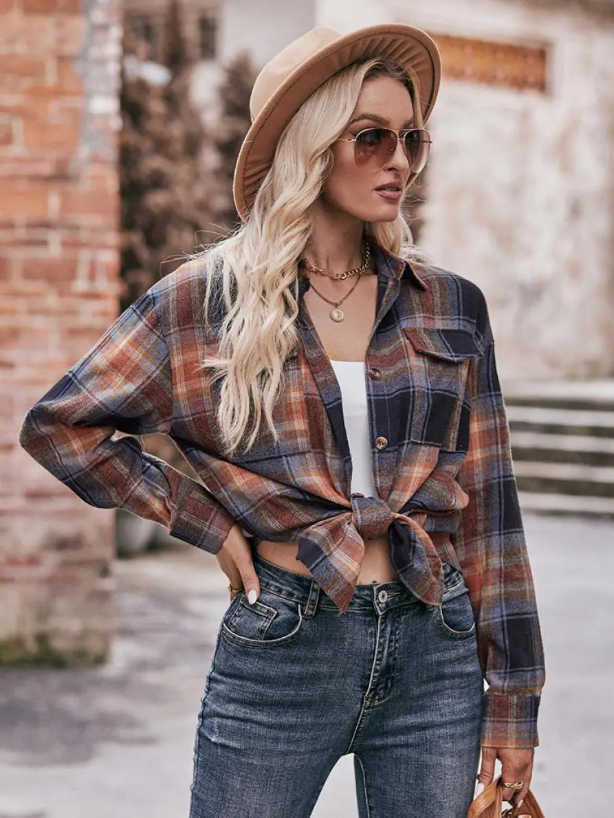 Autumn Plaid Shirt Women Long Sleeve Turn-down Collar Oversize Shirts Female Stylish Vintage Casual Blouse Ladies Chemise