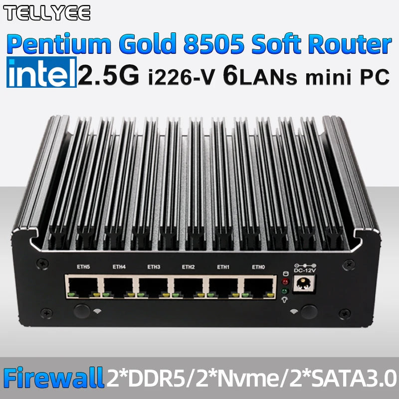 Intel Pentium Gold 8505 Soft Router 6 Lans I226-V 2.5G Fanless Mini PC COM HD DP USB Type-C DDR5 SATA PfSense Firewall Appliance