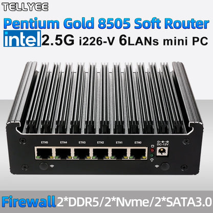 Intel Pentium Gold 8505 Soft Router 6 Lans I226-V 2.5G Fanless Mini PC COM HD DP USB Type-C DDR5 SATA PfSense Firewall Appliance