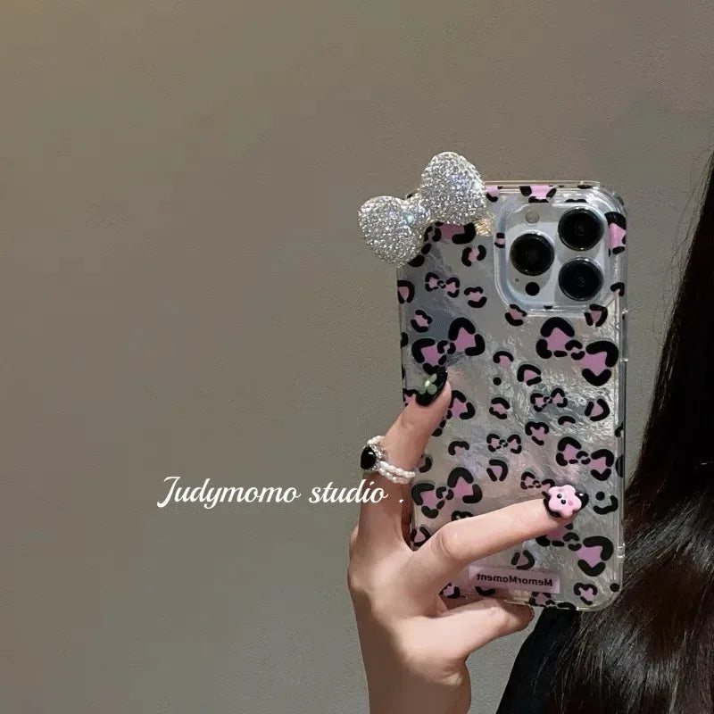 Sexy Leopard Diamond Bowknot Lustre Lining Phone Case for OPPO A18 A17 A16 A15 A38 A58 A78 A94 A74 A54 A57 A77 A53 A3X A40 A60
