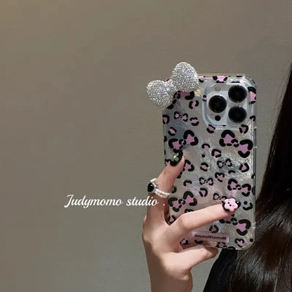 Sexy Leopard Diamond Bowknot Lustre Lining Phone Case for OPPO A18 A17 A16 A15 A38 A58 A78 A94 A74 A54 A57 A77 A53 A3X A40 A60