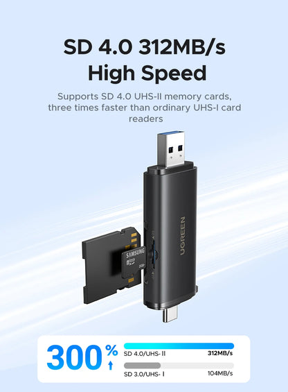 UGREEN USB C SD 4.0 Card Reader USB Memory Card Reader 312MB/s USB3.0&USB C to SD Micro SD TF Card for PC Laptop UHS-II/UHS-I