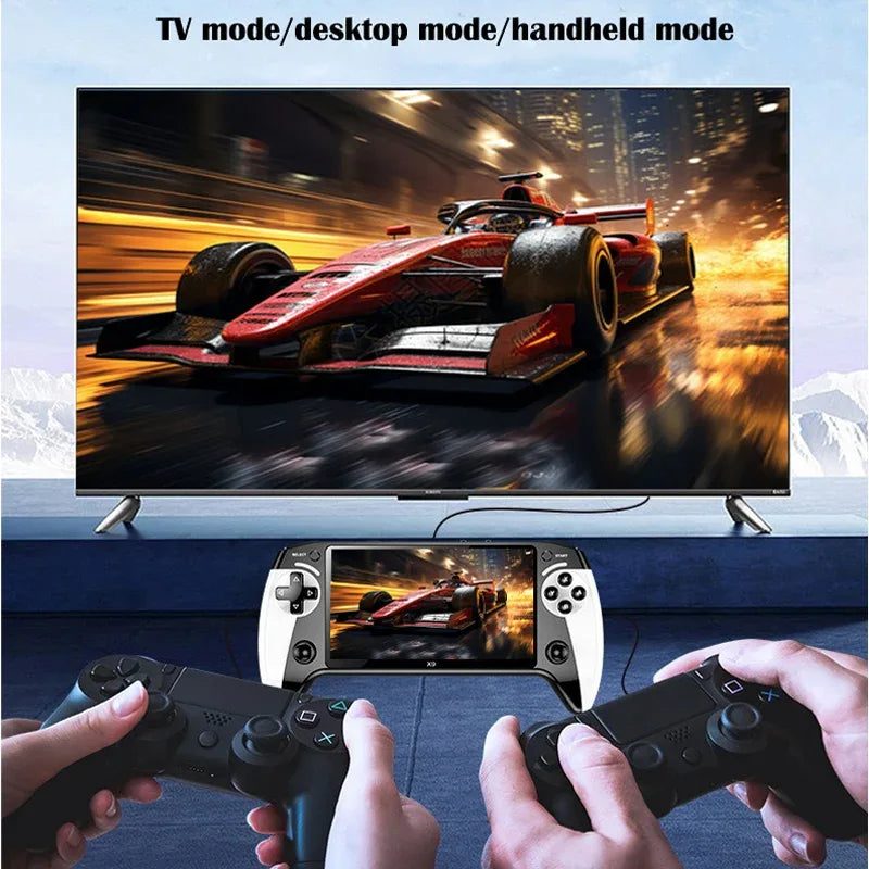 The X9 gaming console features a 5.5-inch high-resolution IPS display with P1 arcade-quality HD output, supporting dual-stick GB