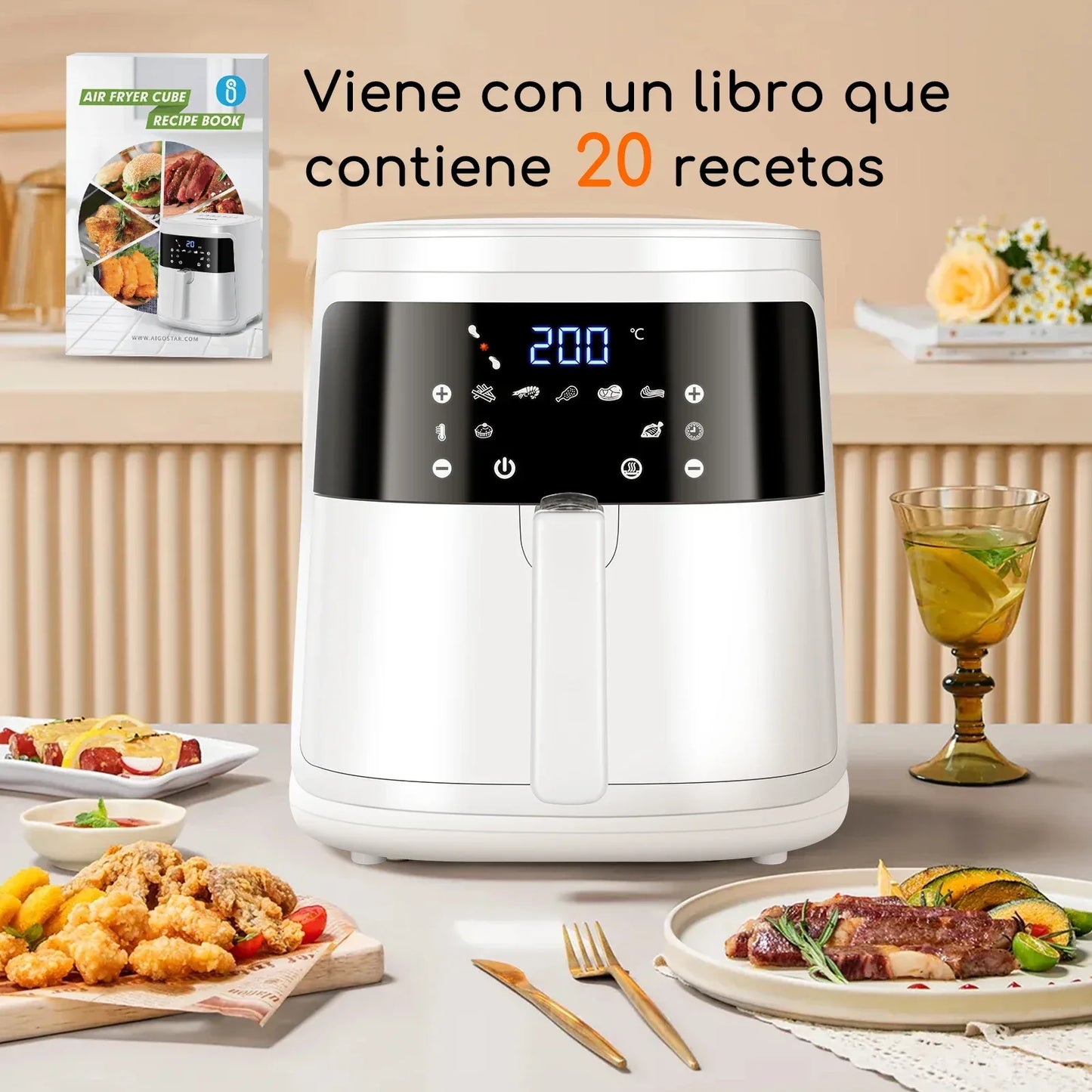 Aigostar White Cube 7L 1900W Smart Air Fryer Without Oil, App and WiFi Control, 7 Programmes with LED Screen, Removable Basket