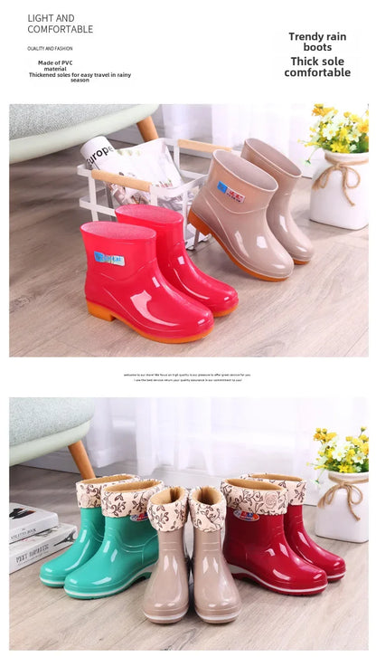 Women's Short Rain Shoes Non-slip Waterproof Rubber Boots Durable Wear-resistant Rain Boots Fleece Lined Warm Shoes Wholesale