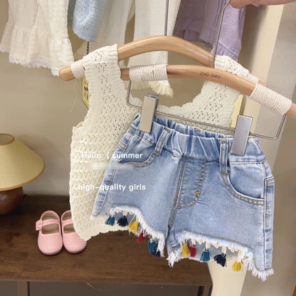 Summer Baby Girl Outfit Set New Born Baby Girl Clothes 2 Pcs Vest Pant Fashion Print Kids Denim Shorts Korea Style