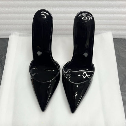 Summer black patent leather high heels with pointed toes shallow mouth thin heels slippers sexy versatile plus size lazy shoes