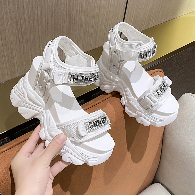 New Summer Black Women High Platform Sandals 11CM Wedge Heels Bling Slippers Peep Toe High Heels White Leather Chunky Flip-Flops