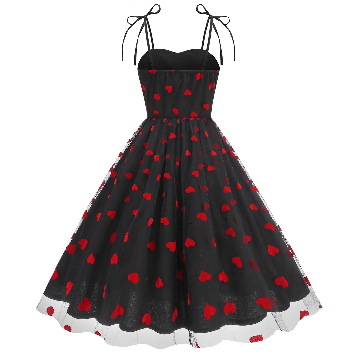 Knot Strap Strawberry Patchwork Vintage Dress 2025 Heart Flocking Valentine's Day Dress Women Birthday Party Pleated Mesh Dress