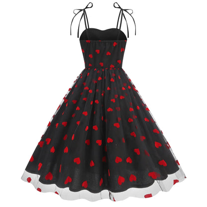 Knot Strap Strawberry Patchwork Vintage Dress 2025 Heart Flocking Valentine's Day Dress Women Birthday Party Pleated Mesh Dress
