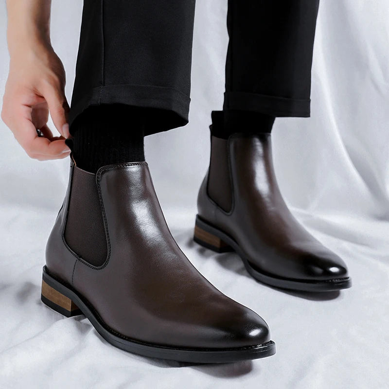 Genuine Leather Classic Men High Top Chelsea Ankle Boots High Quality Mens Casual Dress Business Shoes Comfy OutdoorBasic Boots