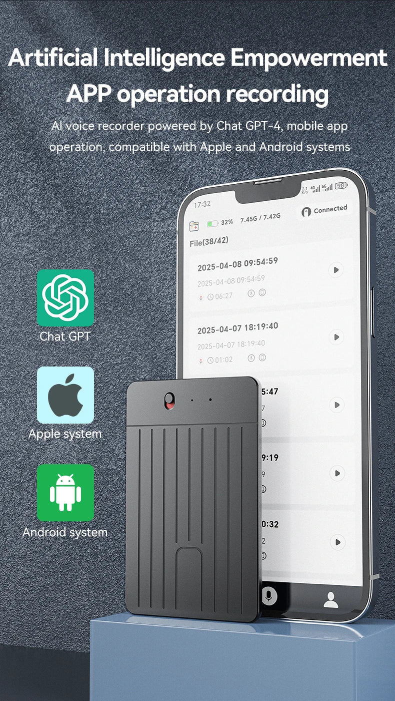 New8-128GB AI ChatGPT-4 Intelligent Voice Recorder Audio App Phone Call Record Transcribe Summarize 58LanguageTranslation Device