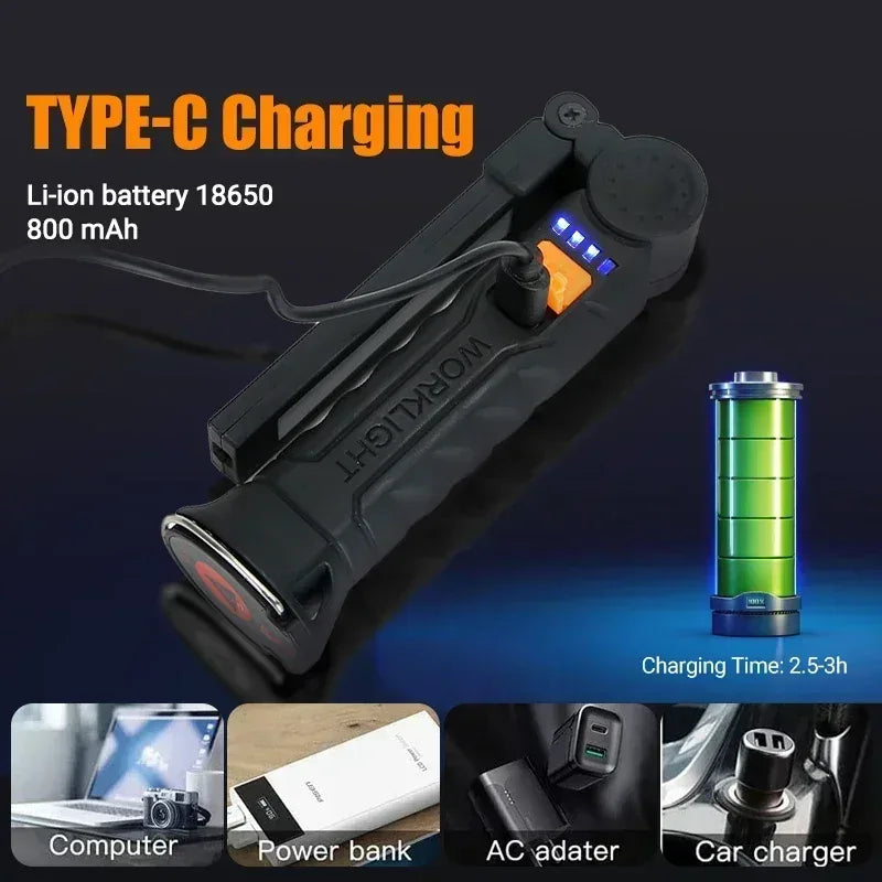 Portable COB LED Flashlight USB Rechargeable Work Light Magnetic Lanterna Hanging Lamp with Built-in Battery Camping Torch