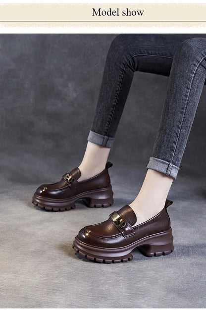 DRKANOL Women Genuine Leather Loafers 2026 Spring Autumn Thick High Heel Chunky Platform Handmade Retro Metal Trend Casual Shoes