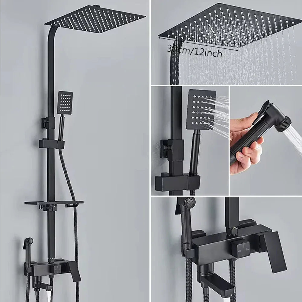 Chrome Brass Shower Faucet Set Rainfall Bathtub Tap With Bathroom Shelf 4 Function Height Adjust Shower Mixer Crane Fast Delivey