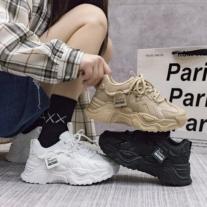 Women's Shoes Platform Autumn Leather 2025 New Versatile Black Casual Sneaker Solid Color Lace-up Vulcanize Shoes Tenis Feminino