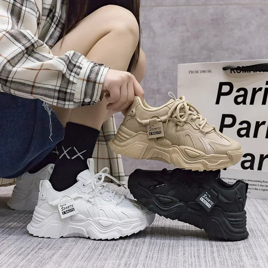 Women's Shoes Platform Autumn Leather 2025 New Versatile Black Casual Sneaker Solid Color Lace-up Vulcanize Shoes Tenis Feminino