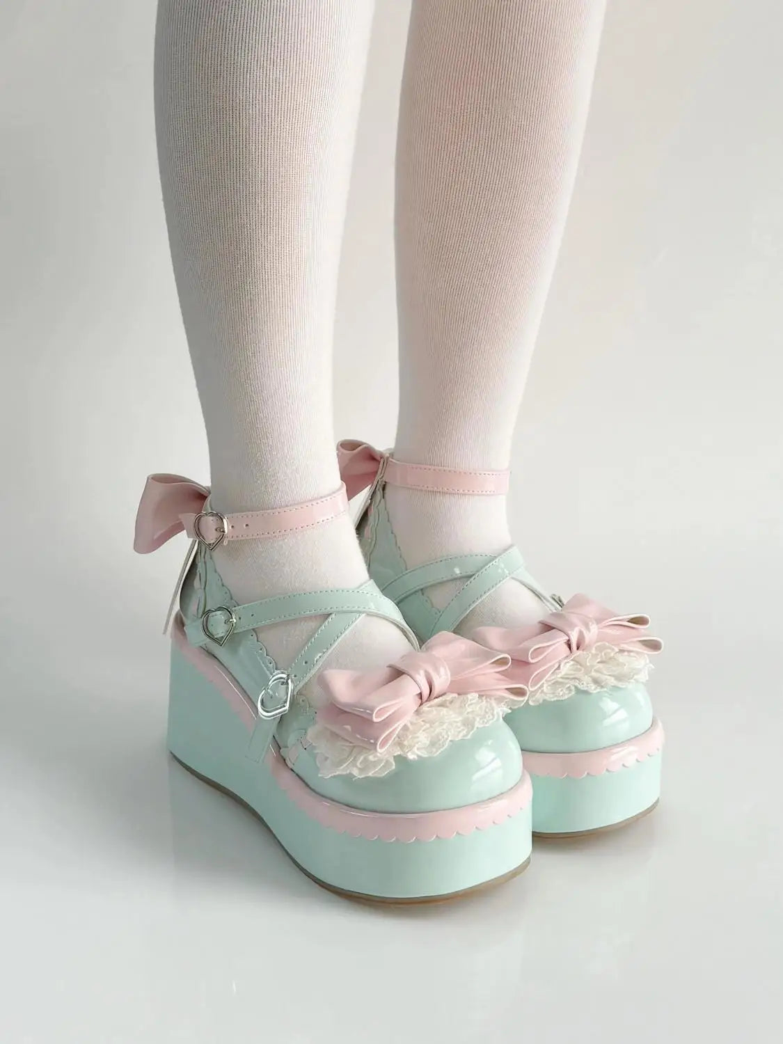 Sweet Lolita Style Girls Flat Platform ,Female Students Cute Bowknots Mary Jane Ankle Strap Elevator Shoes