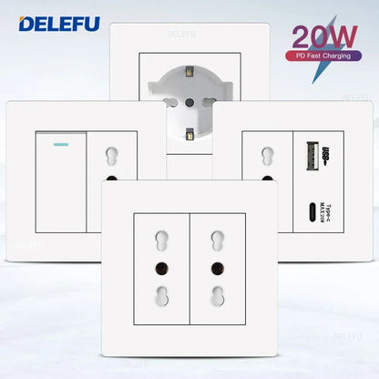 DELEFU86 PC White Flame Retardant Panel Italy Standard Wall Socket USB Type C Socket German Italian Socke EU Socket
