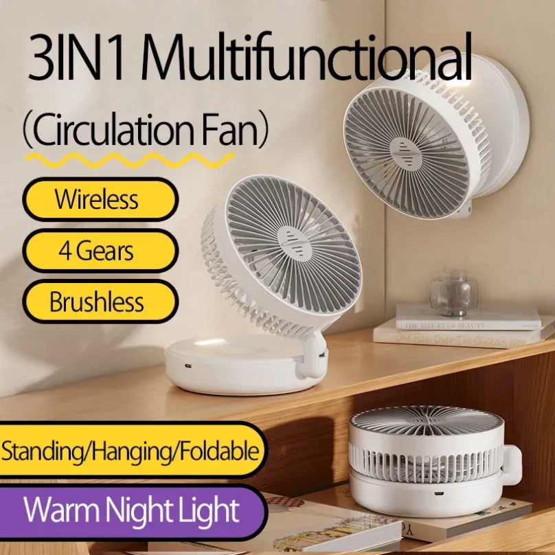 New 5000mAh Rechargeable 3IN1 Multifunctional Portable Fan Wall Mounted Fan 90° Folding Fan 4 Gears With Warm Night Light