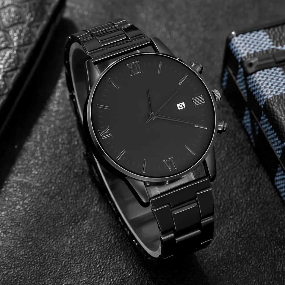 Ensemble 4 pièces pour homme : montre à quartz minimaliste noire avec bracelet, collier et bague -