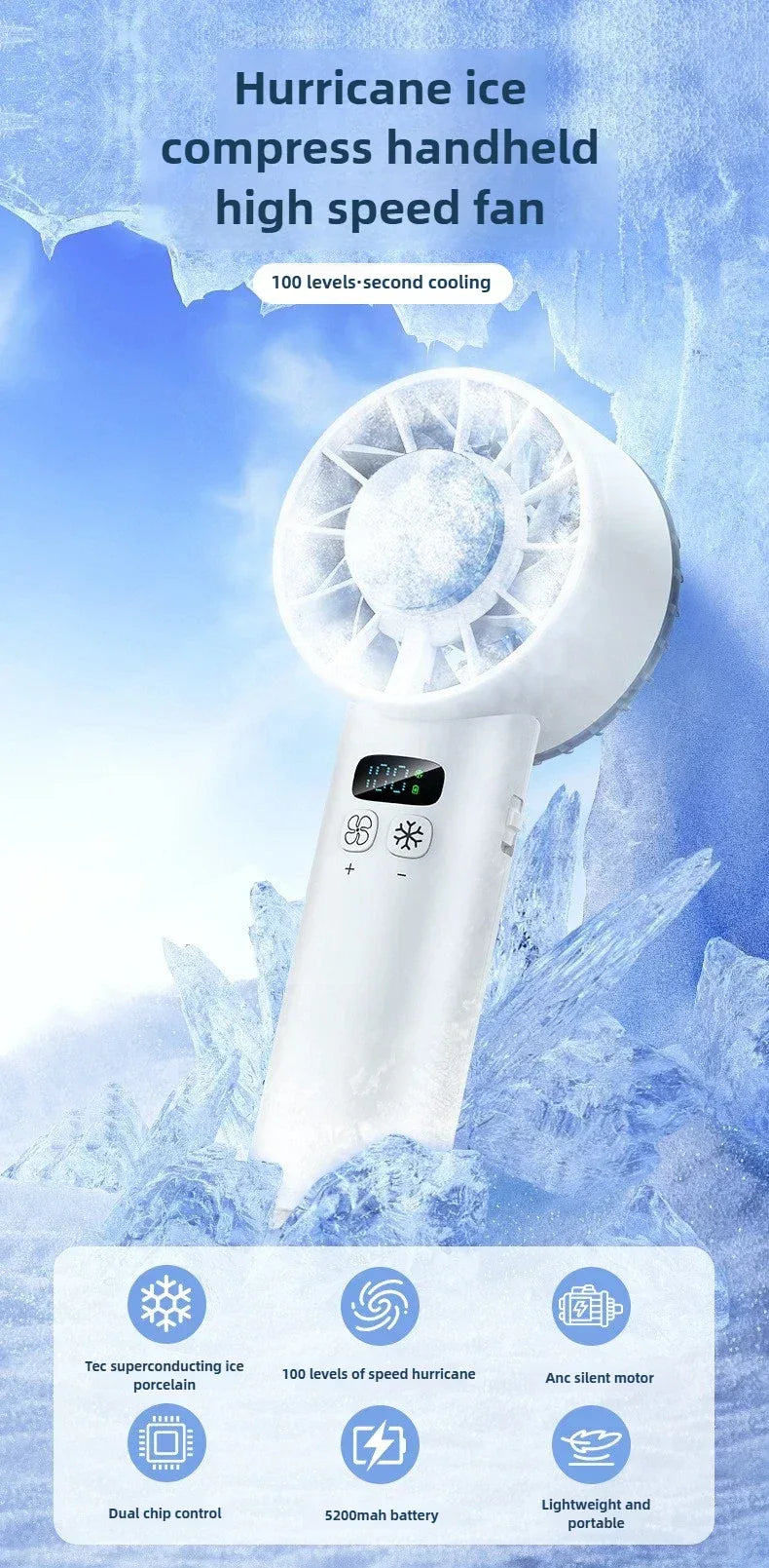 Xiaomi 5200mah Handheld Fan Electric Hand Fans Ice Compress High-speed Cooling USB Rechargeable Portable LED Digital Display
