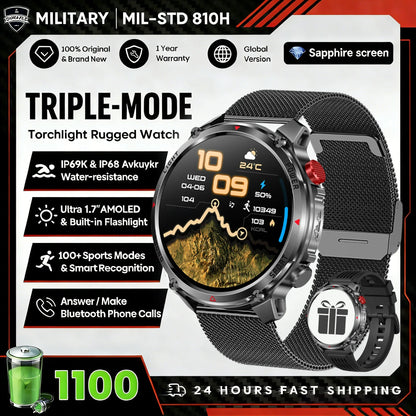 2026 Edition Military Outdoor Sports Smartwatch 1.7-inch AMOLED screen 1100 mAh battery LED flashlight Bluetooth call Waterproof