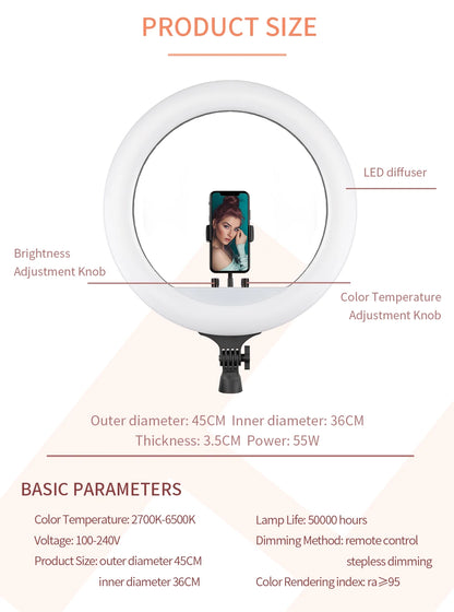 SH Ring Light 18inch Kit 36W 6500K Professional LED Control Stand Phone Holder Tube  Bag for Tattoo Lash Extension Barber Light