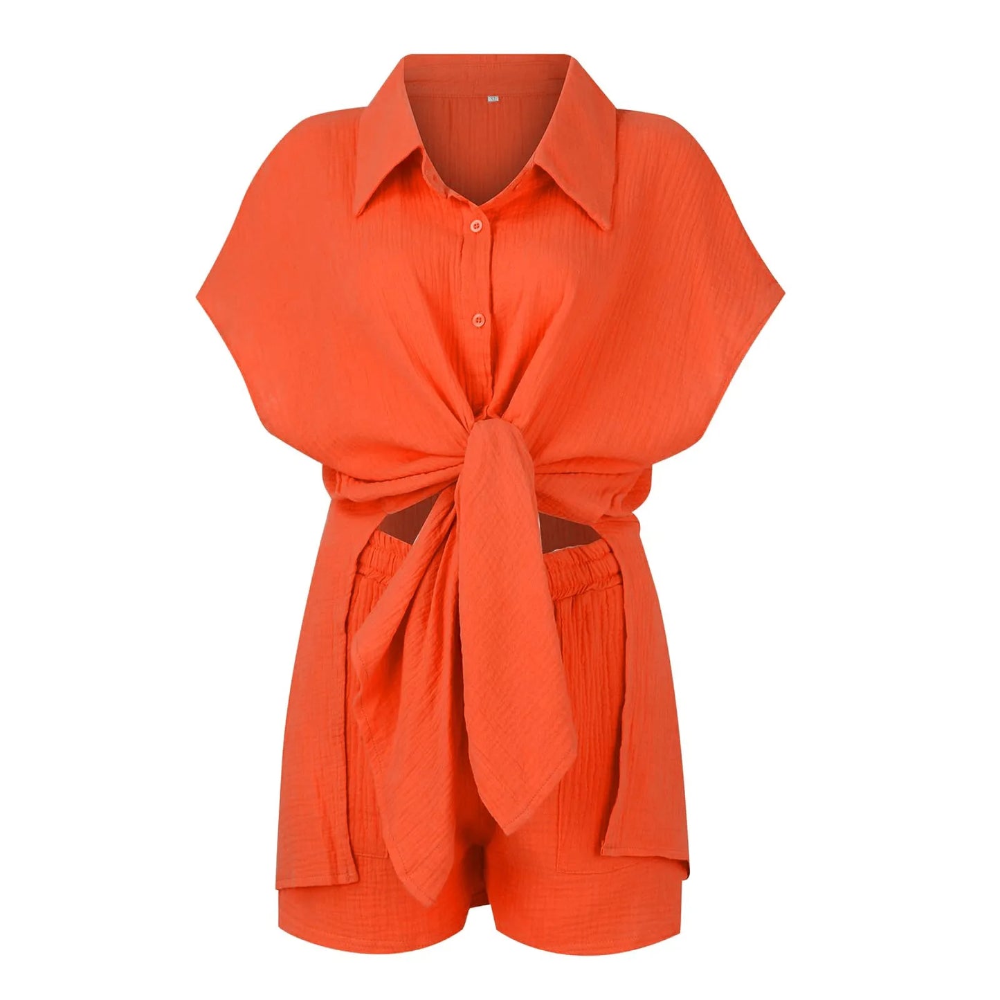 Summer cotton and linen solid color shirt short sleeved casual shorts set