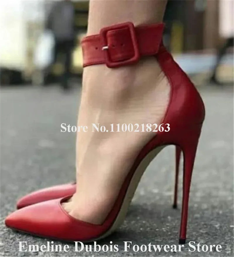 Buckle Stiletto Heel Pumps Emeline Dubois Elegant Pointed Toe Ankle Strap High Heels Black Red Nude Leather Shoes Party Shoes