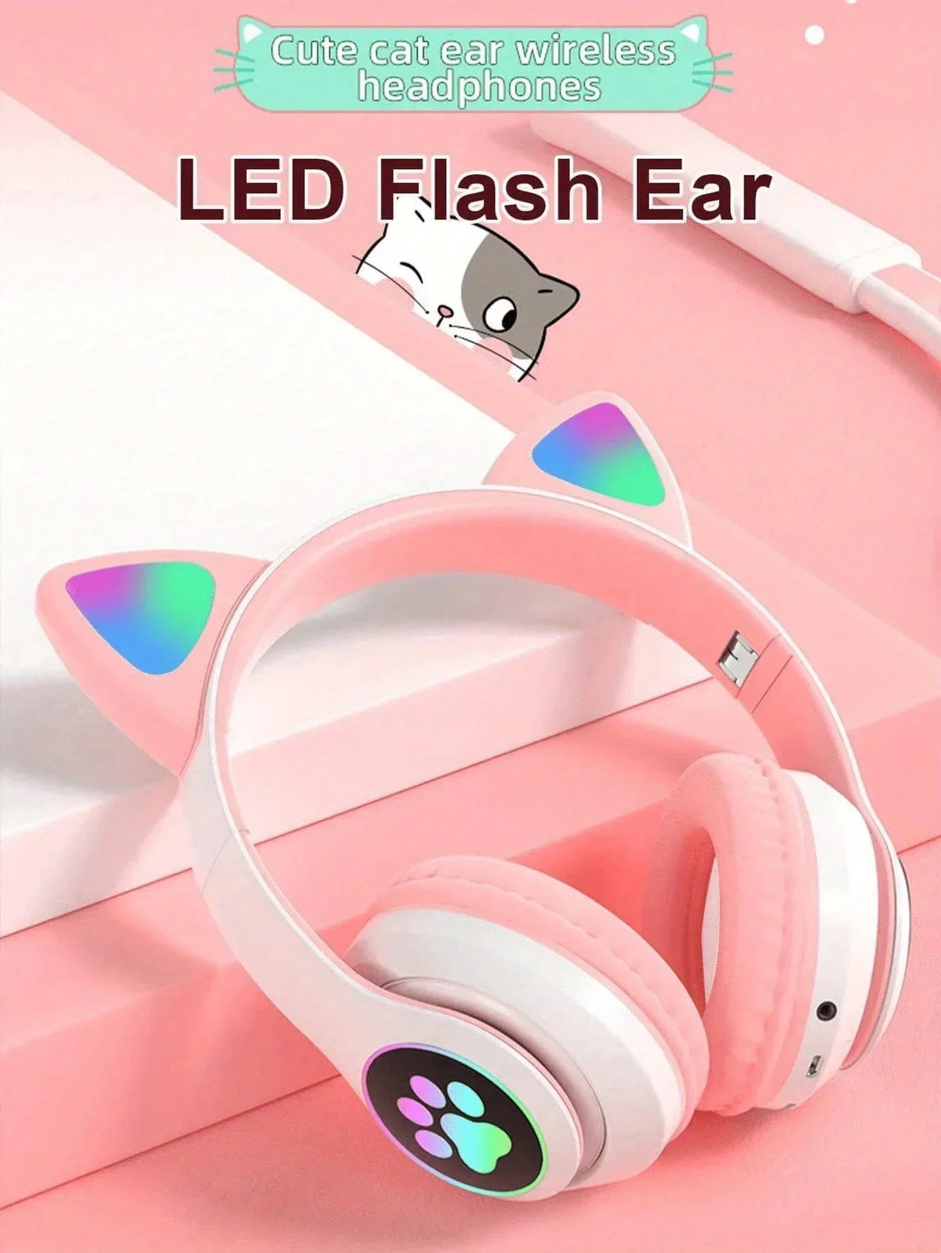 New Flash Light Cute Cat Ears Wireless Headphone with Mic Control LED Kid Girl Stereo Music Helmet Phone Bluetooth Headset Gift