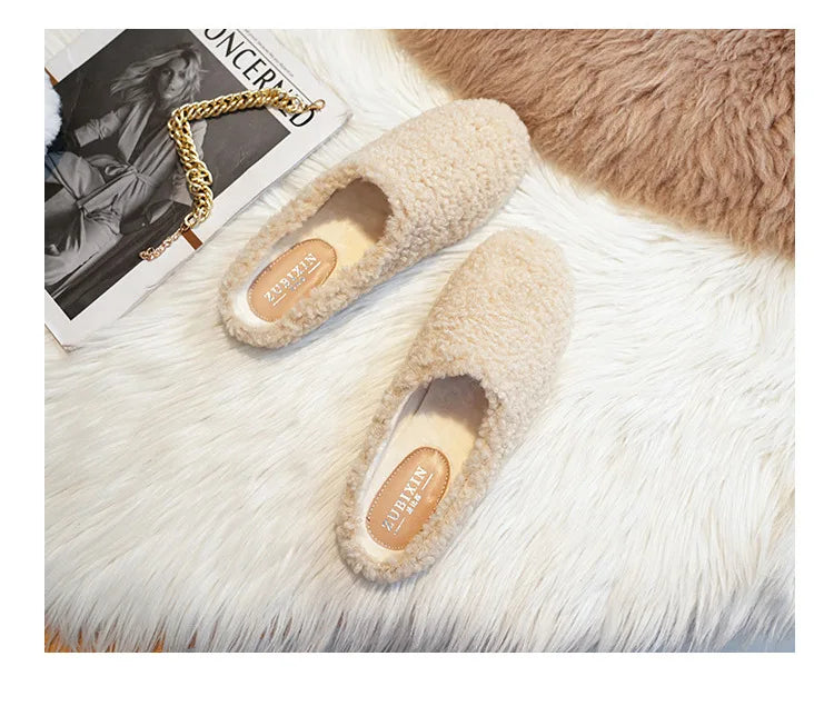 Big Size 43 Women Lambswool Slippers Winter Sheep Fur Shoes Ladies Flat Cotton Slides Home Pantuflas Daily Slip On Furry Mules