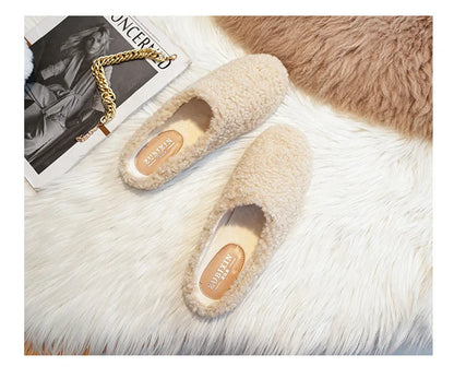 Big Size 43 Women Lambswool Slippers Winter Sheep Fur Shoes Ladies Flat Cotton Slides Home Pantuflas Daily Slip On Furry Mules