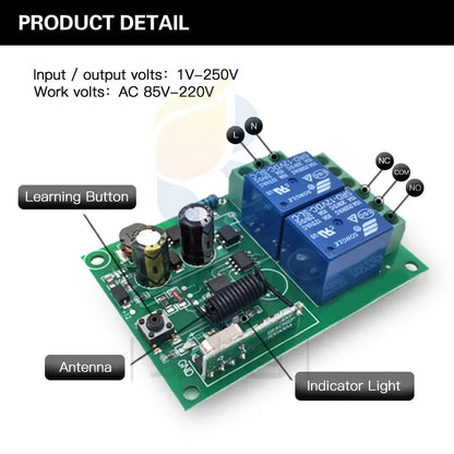 433MHz Universal Wireless Remote Control AC220V 2CH rf Relay Receiver and Transmitter for Universal Garage door and gate Control