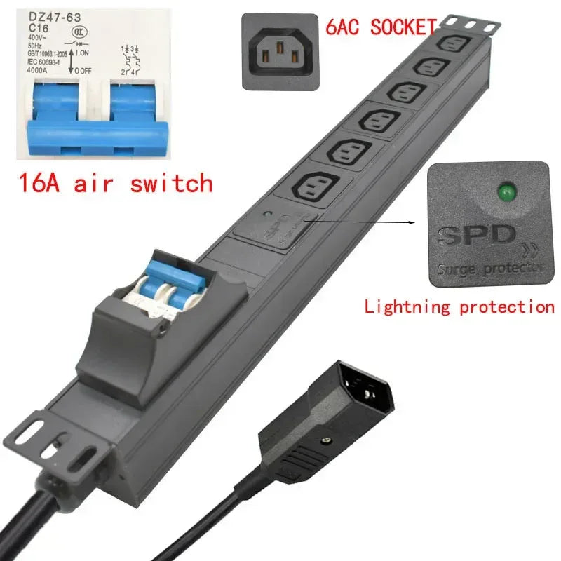 19 inches PDU SPD ammeter overload protection air switch Short circuit switch module power strip  IEC-320 C13 output C14 PLUG