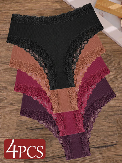 4Pcs/Set Seamless Cotton Brazilian Pants For Women Elastic High Waist Breathable Underpants Ladies Lace Panties Sexy Lingerie