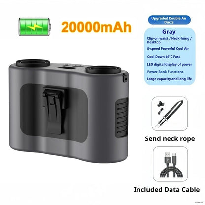 Portable Waist Clip Fan Small USB Charging Hanging Fan with LED Flashlight Outdoor Single/dual Air Outlet Fan 20000/10000Mah