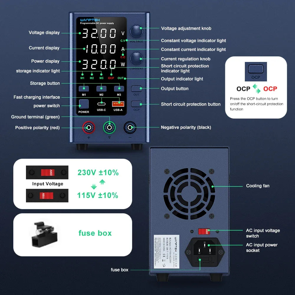 Wanptek DC Laboratory Power Supply 30V 10A 60V 5A 120V 3A Adjustable Voltage Current Applicable voltage 110V 220V Power Supply