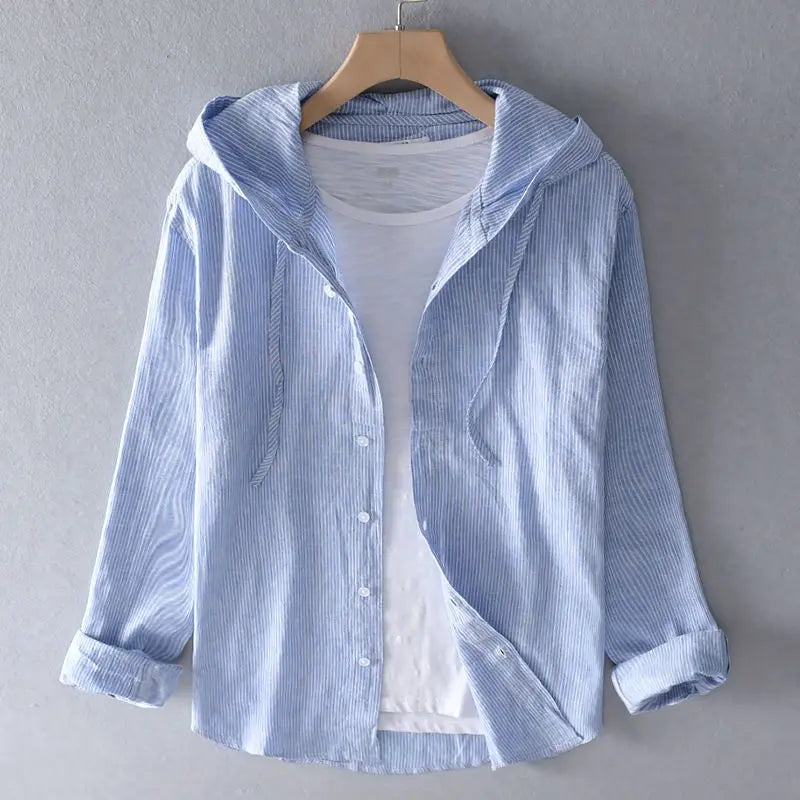 Spring Summer New Hooded Long-sleeved Solid Inen Shirt Trendy Men's Thin Loose Youth Fashionable Cotton Linen Sunscreen Shirt
