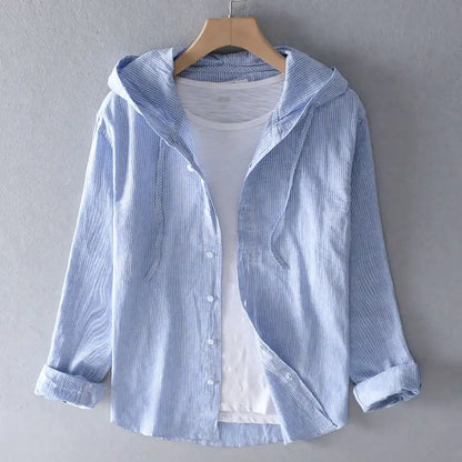 Spring Summer New Hooded Long-sleeved Solid Inen Shirt Trendy Men's Thin Loose Youth Fashionable Cotton Linen Sunscreen Shirt
