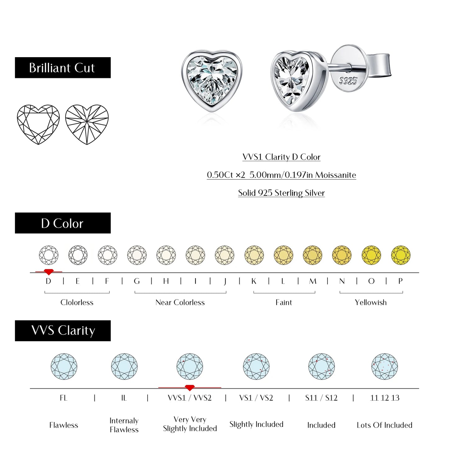 MODIAN 3 Sizes Heart Moissanite Ear Studs 925 Sterling Silver Dazzling Stackable Fashion Stud Earrings For Women Fine Jewelry