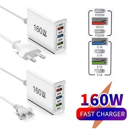 160W 7 Ports USB Charger USB Type C Wall Charger Adapter For Xiaomi iPhone Samsung POCO EU/US Plug USB PD Travel Chargers Socket