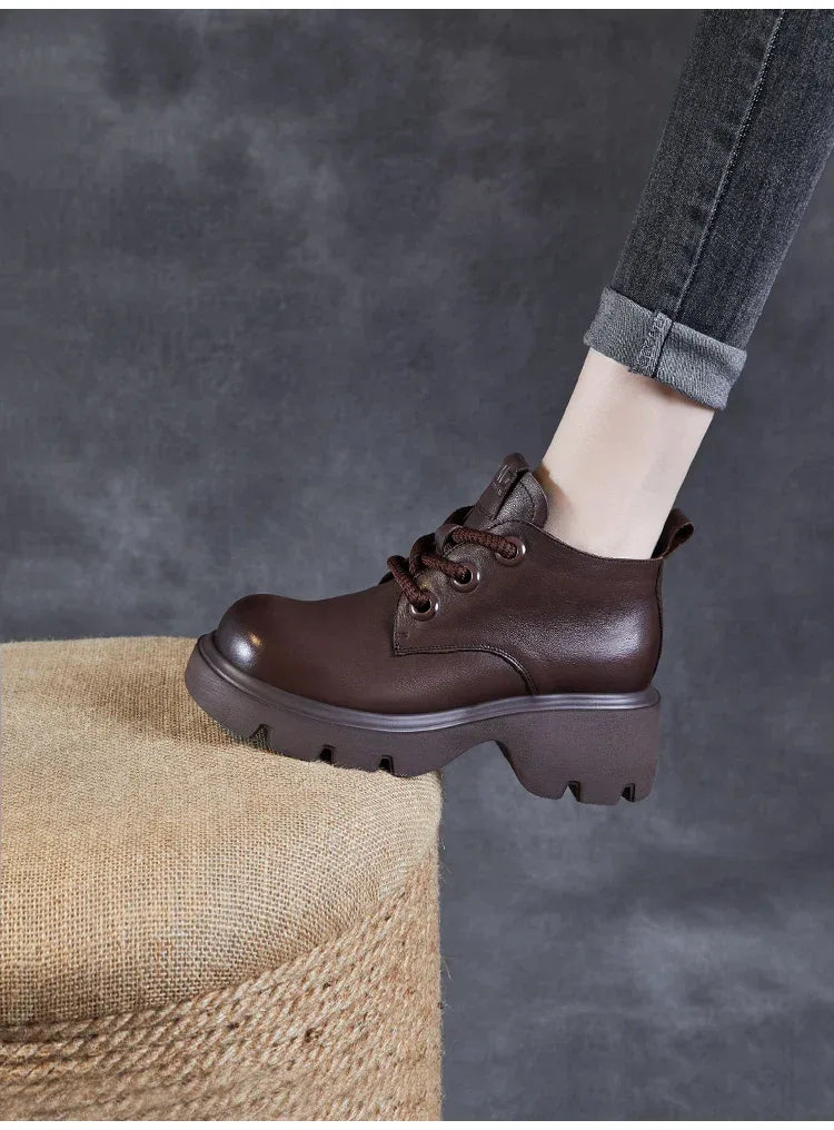 DRKANOL Luxury Design Genuine Leather Ankle Boots For Women Platform Casual Short Boots Women Winter Thick High Heel Warm Shoes
