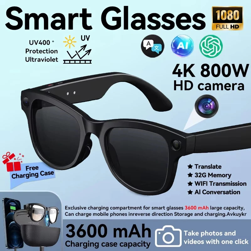 2026 New 8MP Camera Smart AI Glasses 3600mAh Charging Case Power Bank 1080P HD Camera ChatGPT 32GB Translation Video Sunglasses