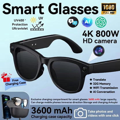 2026 New 8MP Camera Smart AI Glasses 3600mAh Charging Case Power Bank 1080P HD Camera ChatGPT 32GB Translation Video Sunglasses