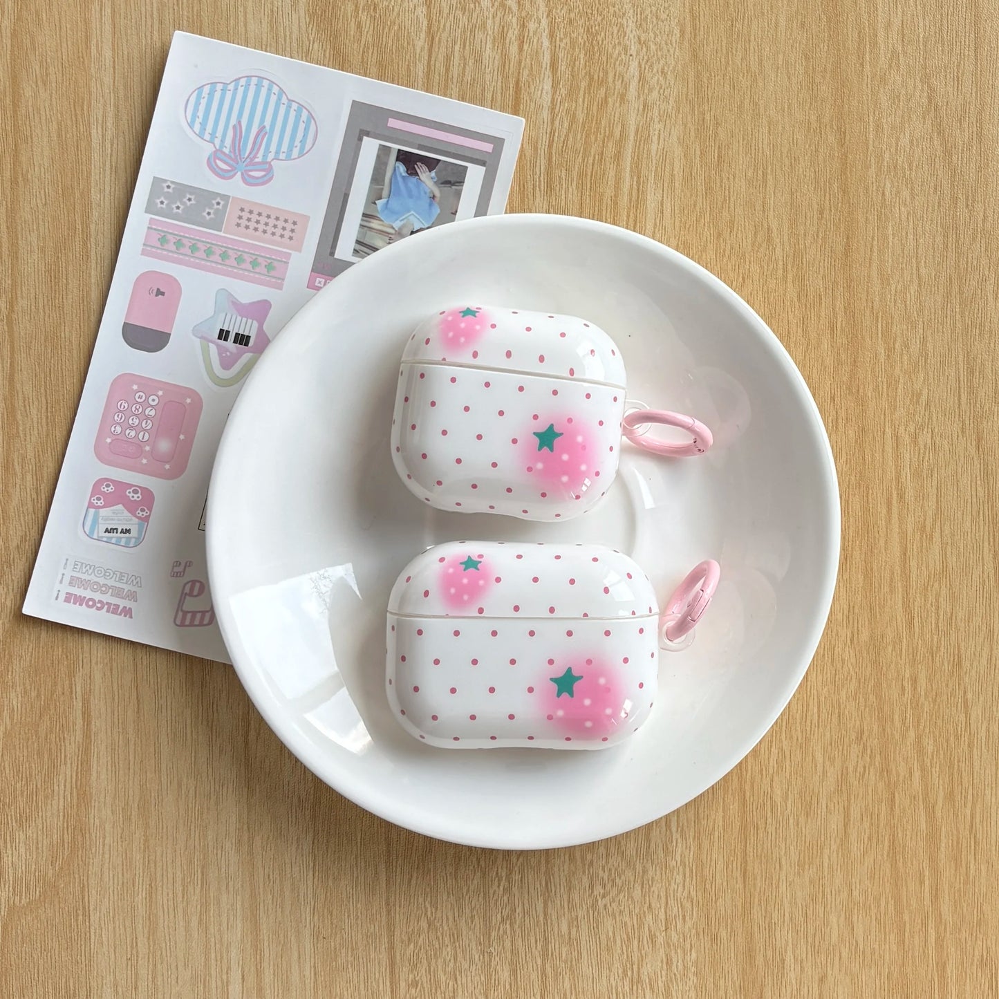 Full-Screen Pink Polka Dot Strawberry Pattern Glossy White Earphone Case with Pink Ring Cover for AirPods 1 2 3 4 Pro 2 Pro 3