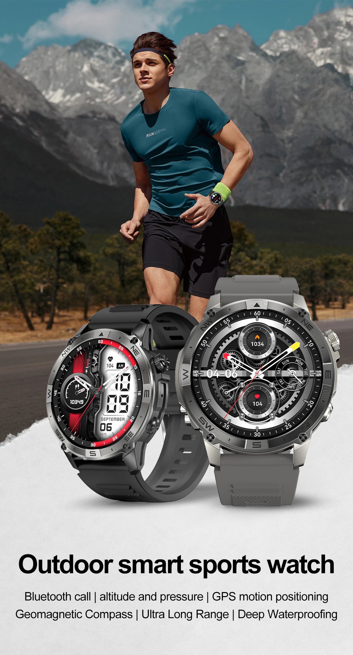 NORTH EDGE NEW GPS Smart Watch 1.43'' HD AMOLED Display Built-in GPS Altitude Barometer Compass Bluetooth Phone Call Smartwatch